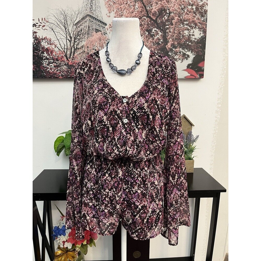 Show Me Your Mumu Women’s  Romper Small Bell Long Sheer Sleeve  snakeskin print